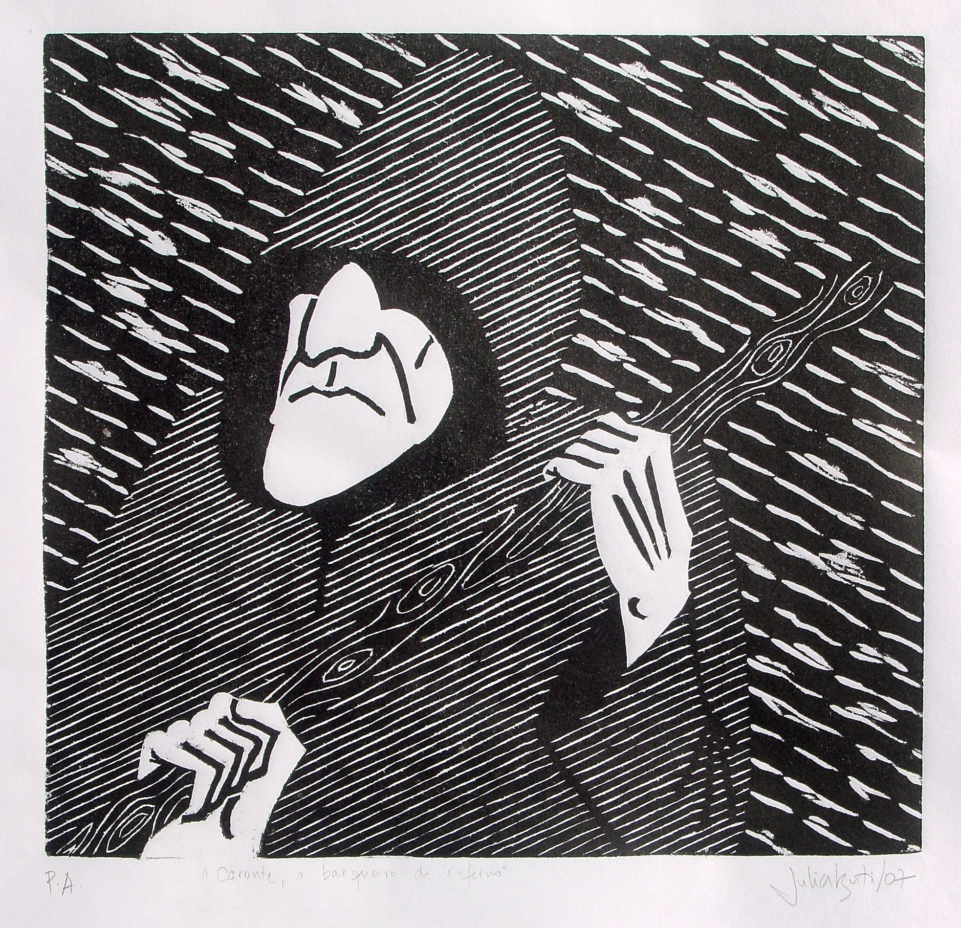 Figura encapuzada segurando um cajado. Homem de barba com coroa segurando um tridente. Ao fundo, ondas. Gravura em preto e branco de Julia Iguti