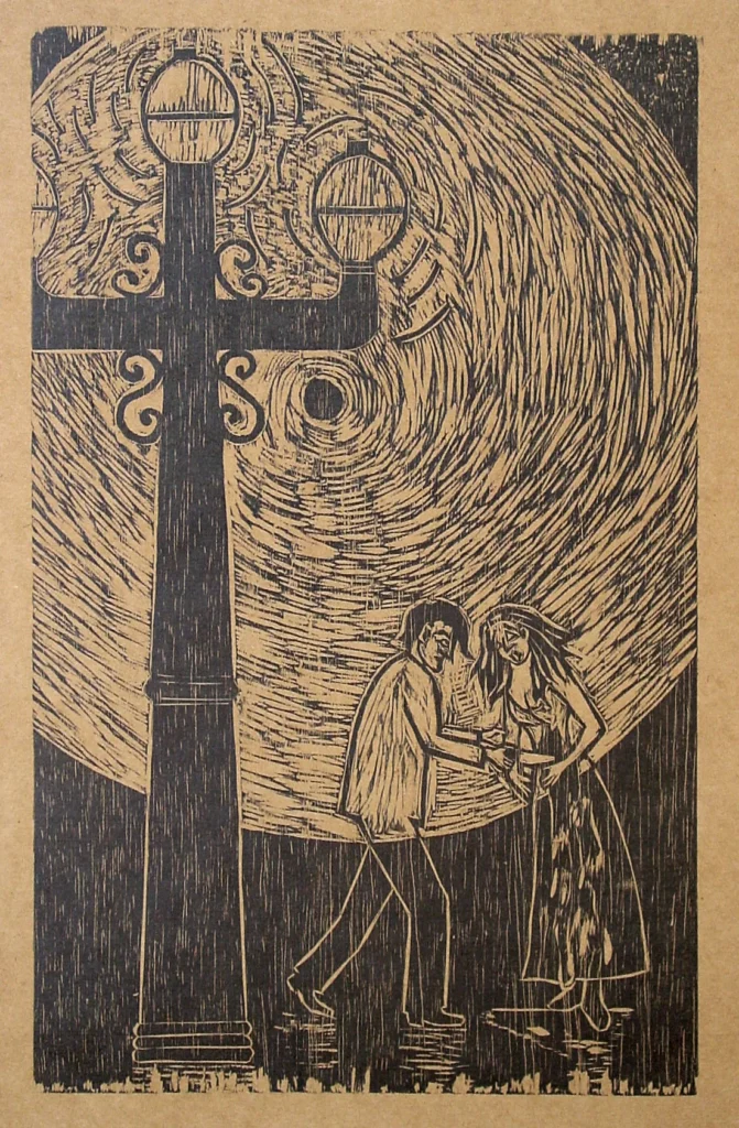 Cena noturna de um homem enfiando uma faca na barriga de uma mulhe sob a luz de um poste. Gravura em preto e branco de Julia Iguti sobre fundo marrom