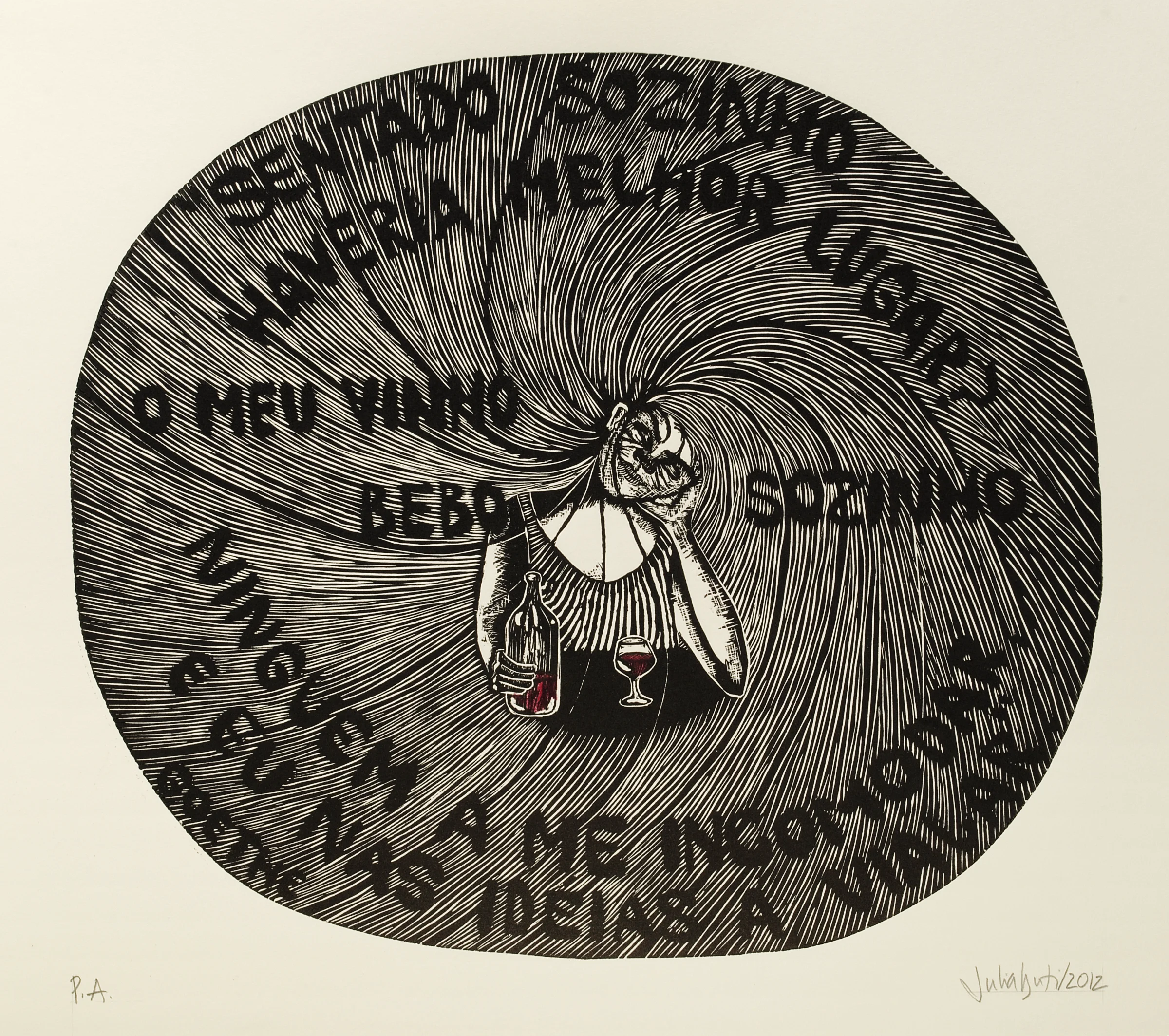 Gravura de uma mulher cujos cabelos se prolongam formando uma espiral, onde está escrito: “Sentado sozinho haveria melhor lugar? O meu vinho bebo sozinho. Ninguém a me incomodar, e eu nas ideias a viajar”. Goethe
