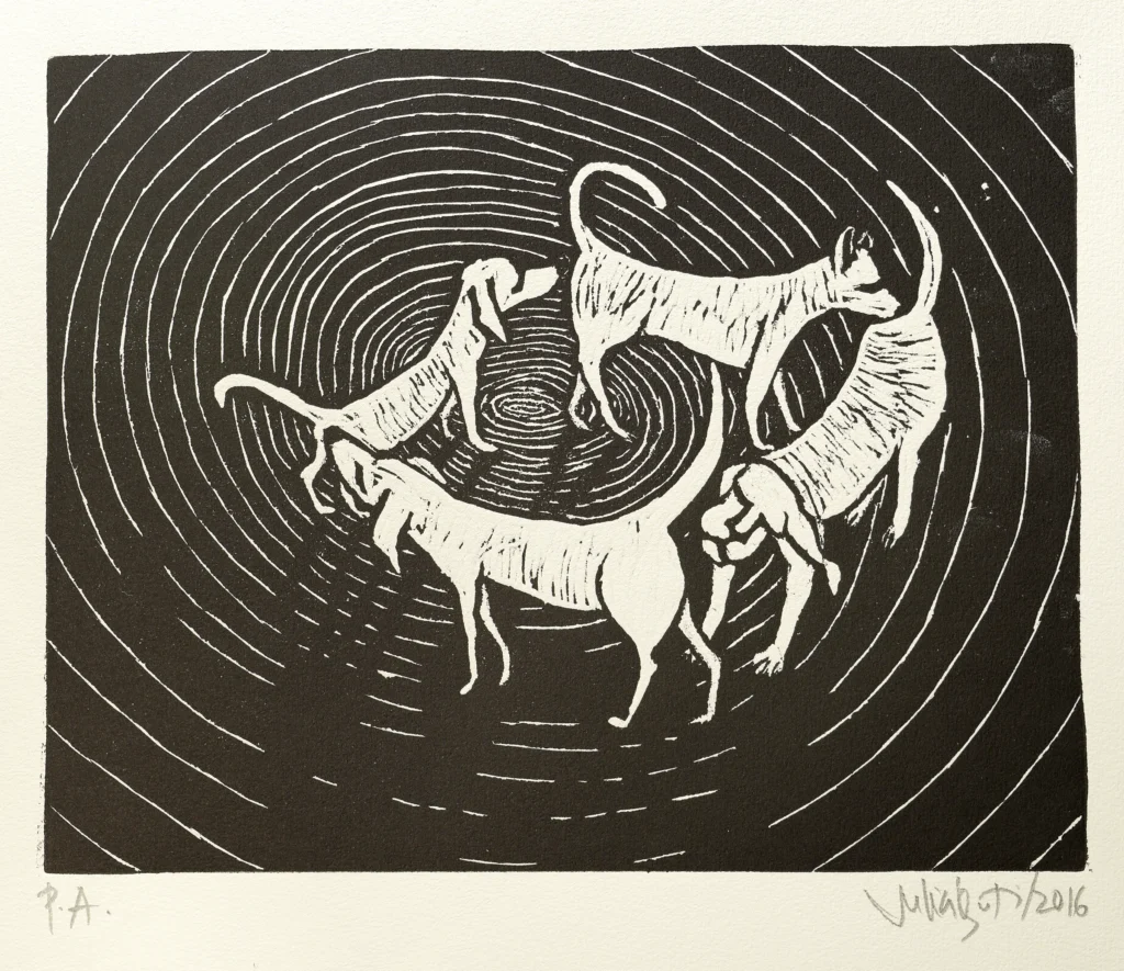 Xilogravura mostrando quatro cachorros em círculos, um cheirando o cu do outro, sob um fundo com vários círculos concêntricos